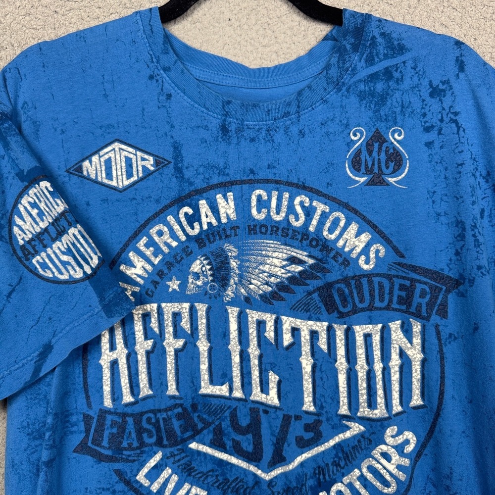 Affliction Tshirt Mens XL Blue Biker Grunge Preppy Y2K Skull Native American
